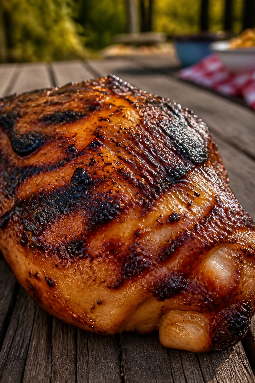 Close-up of a charred chicken piece with dark brown edges on a wooden table outdoors.