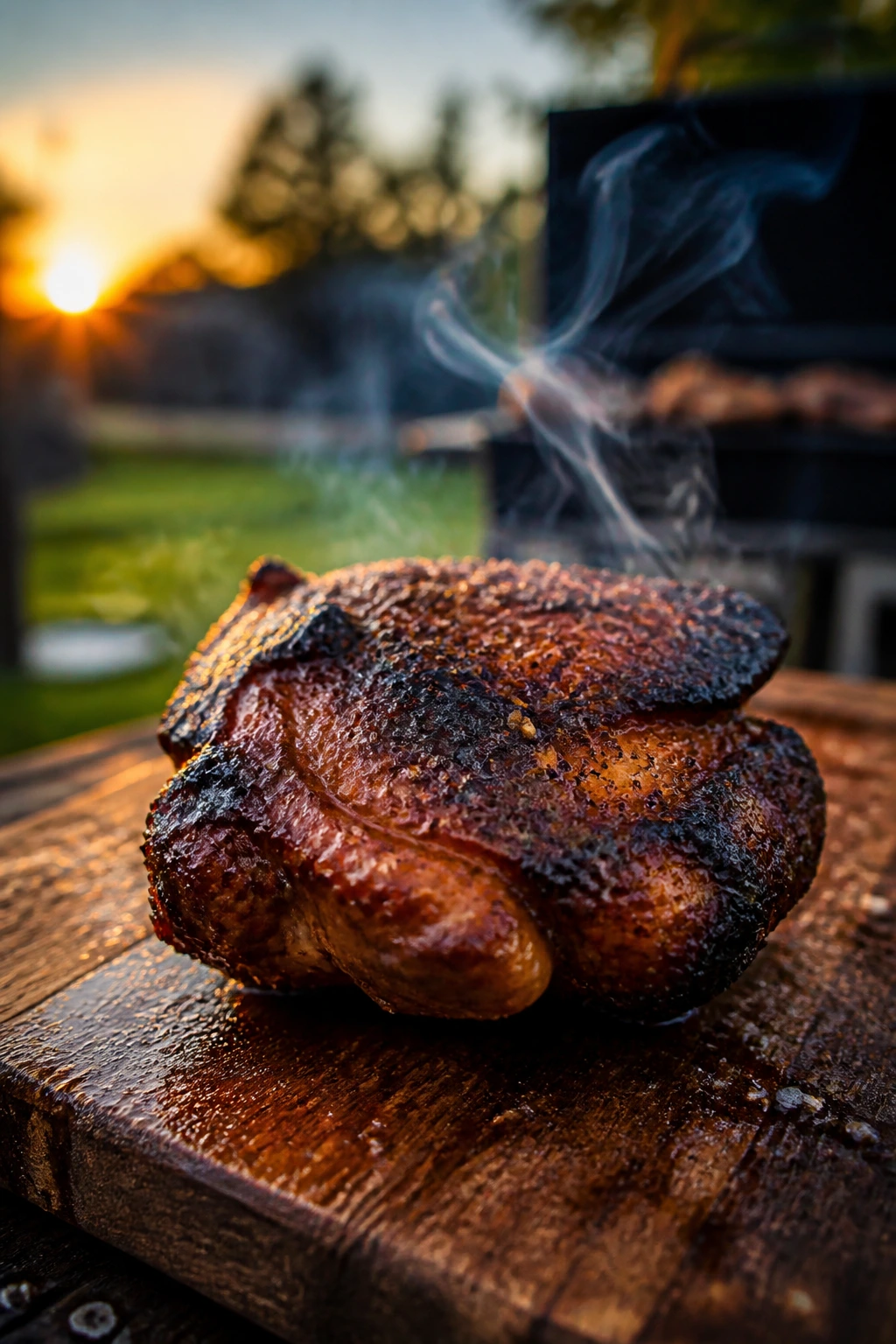 Charred chicken thigh on cutting board with wisps of smoke in backyard setting.