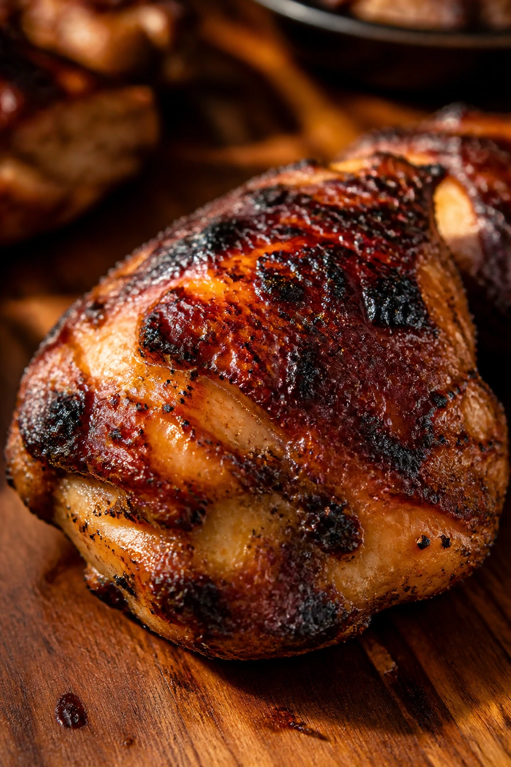 Charred chicken thigh with crispy skin on a wooden table in a sunny backyard