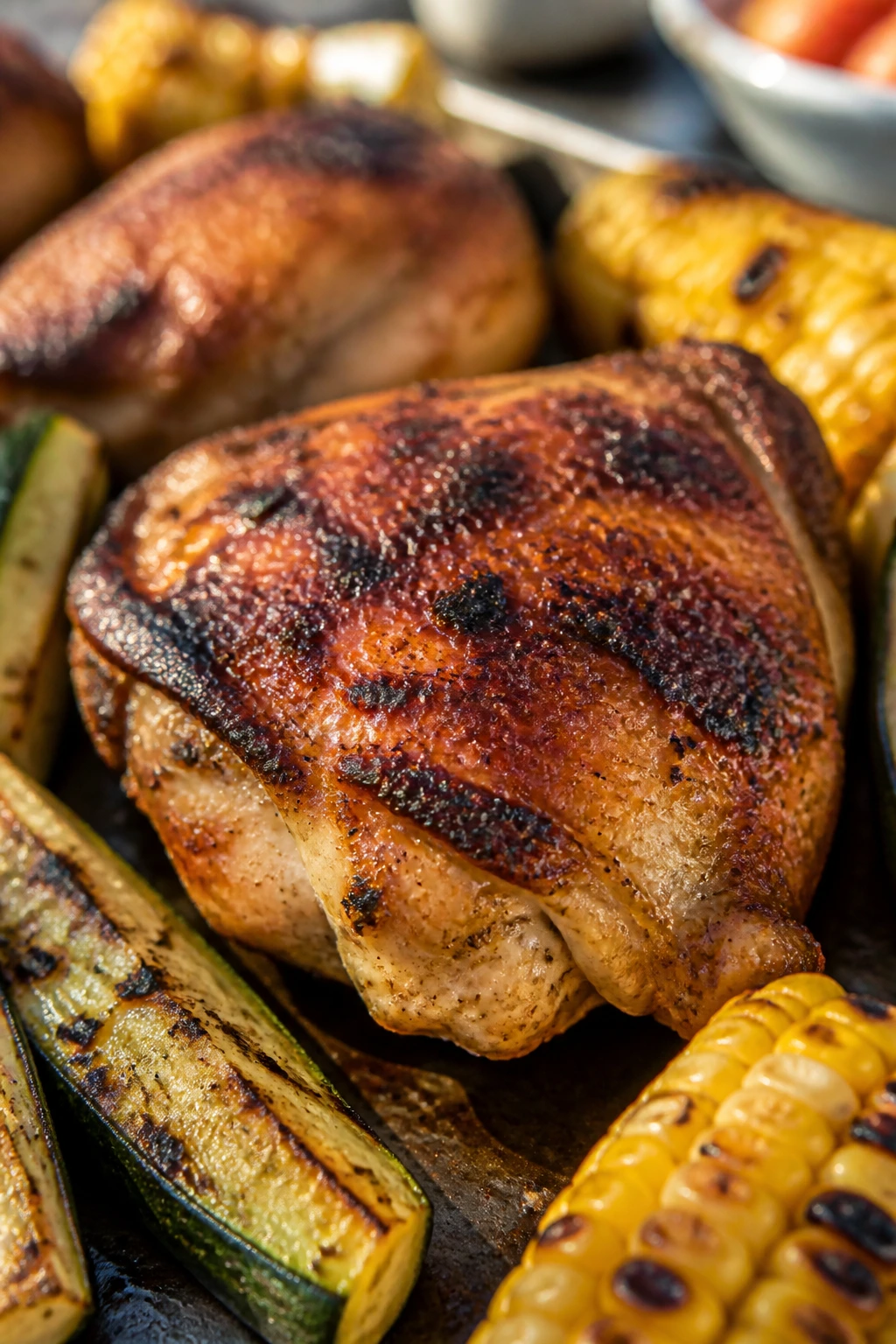 Close-up of a charred chicken thigh with crispy brown skin on a rustic tray outdoors.