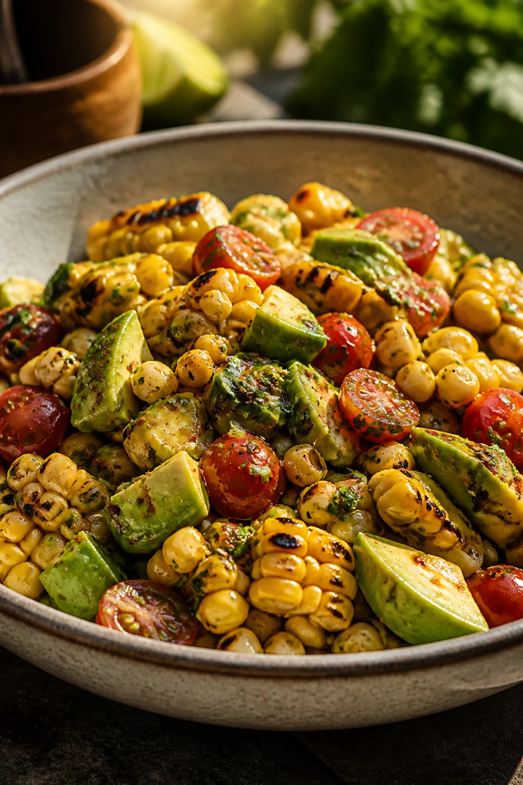 Charred corn and avocado salad close-up