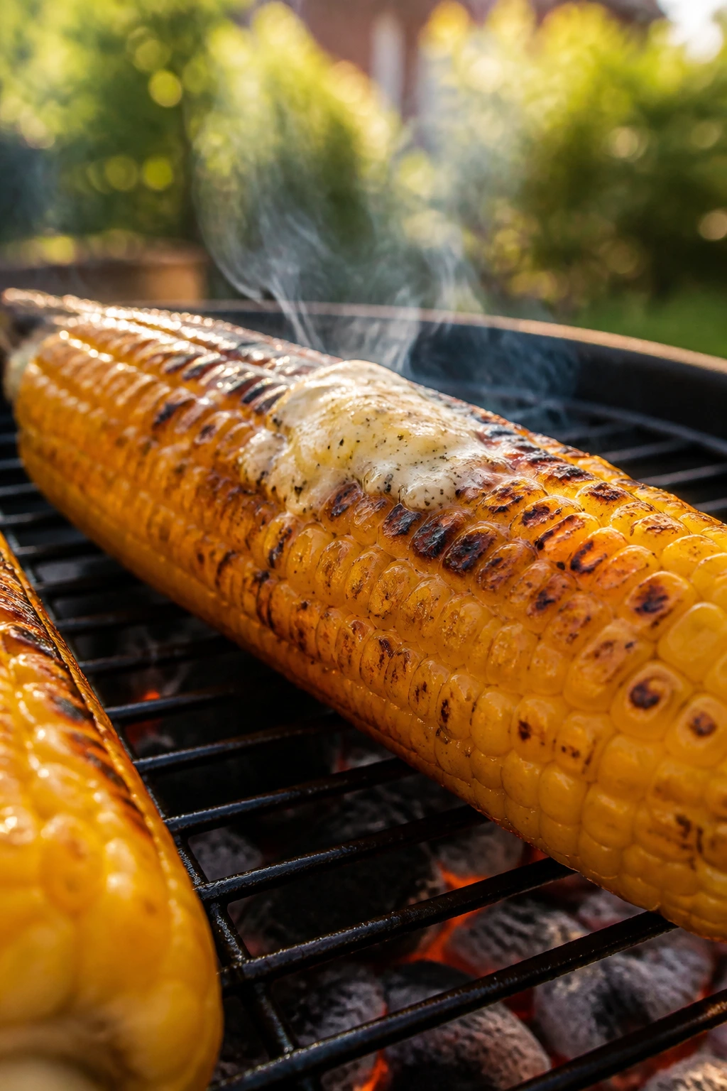 Close-up of charred corn on a backyard grill with melted butter