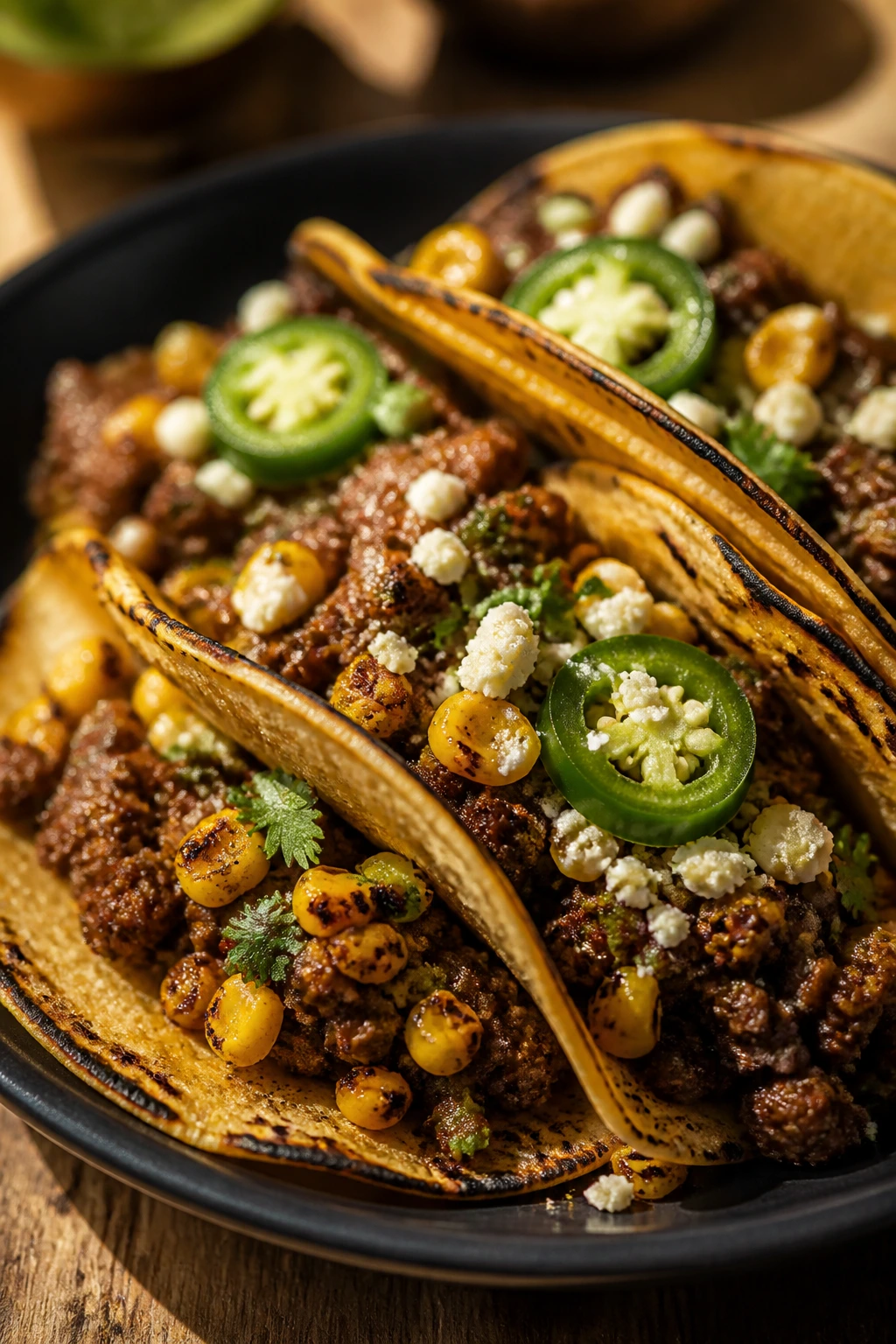Close-up of charred corn beef tacos on a plate