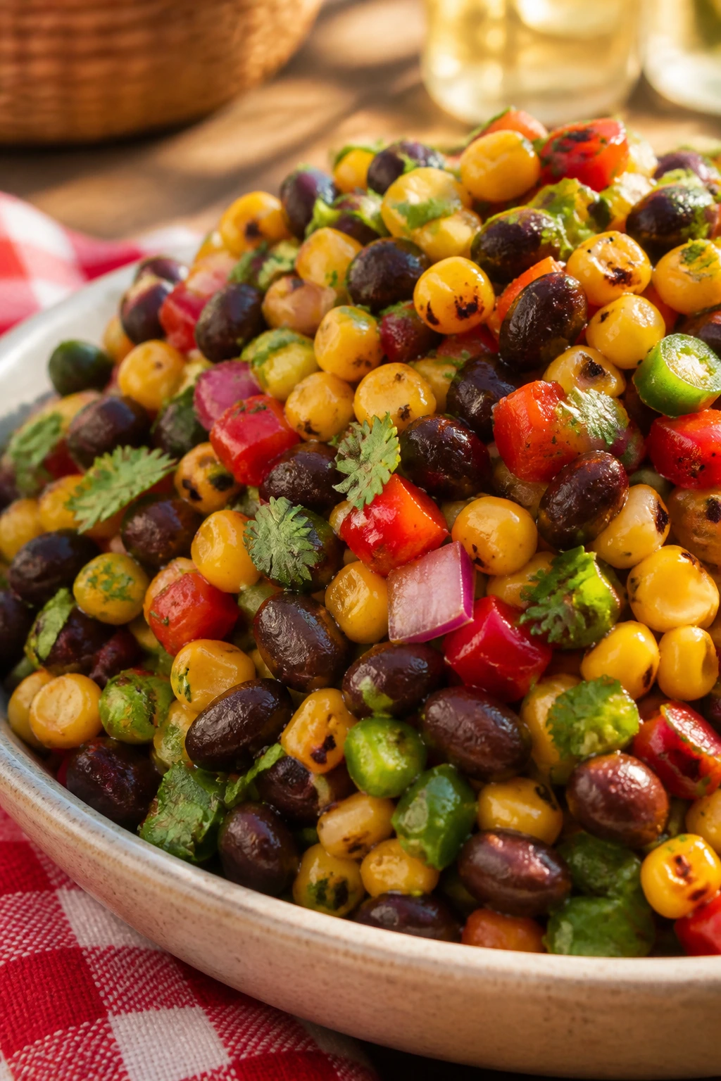 Charred corn and black bean salad in a bowl on a picnic table