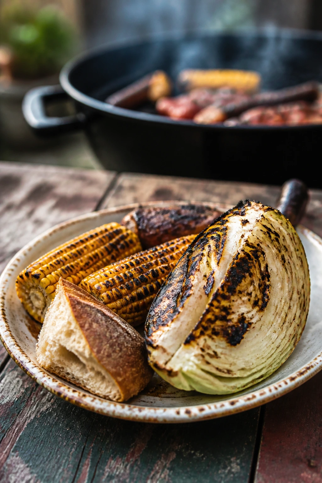 Close-up plate with charred corn, bread, and cabbage wedge on an outdoor table with grill smoke