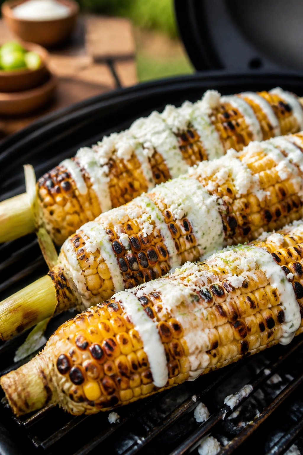Charred corn on grill with crema and cotija.