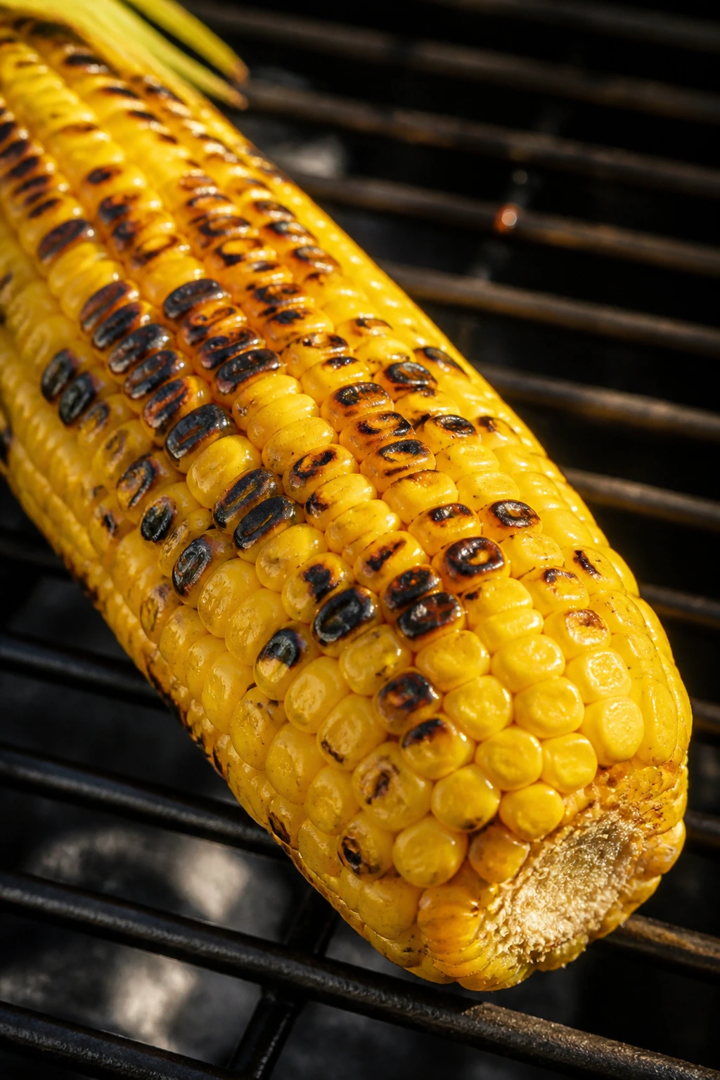 Corn cob with char spots on a grill in a backyard
