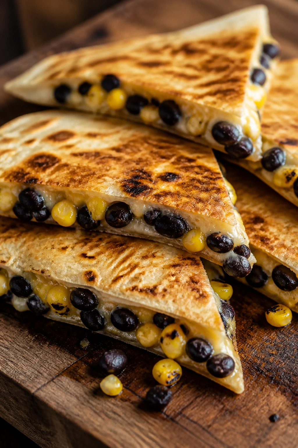Close-up of charred corn and black bean quesadillas on a rustic wooden board.