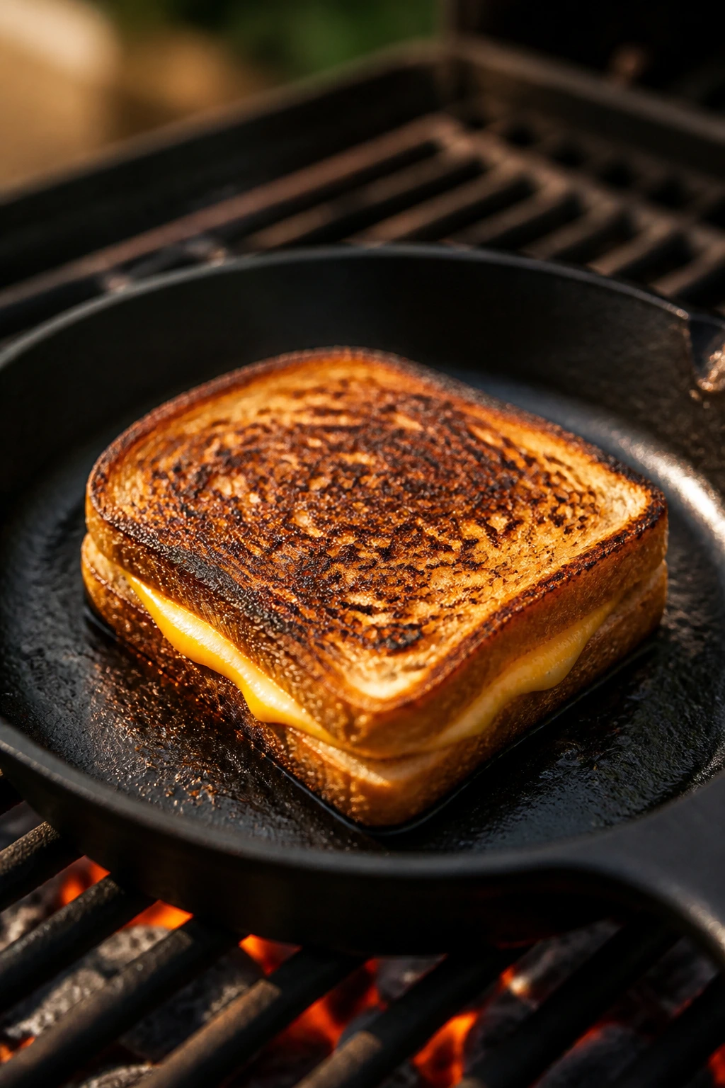 Close-up of a grilled cheese sandwich with deep golden crust and char marks