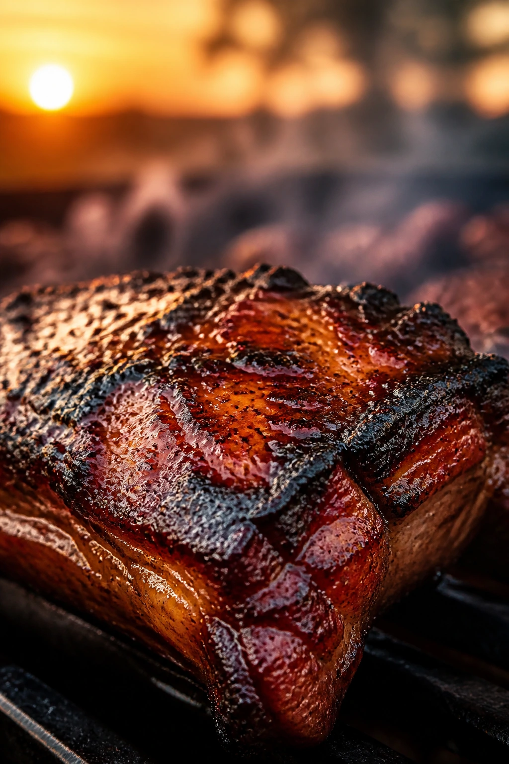 Close-up of charred meat with tangy glaze on a backyard grill.