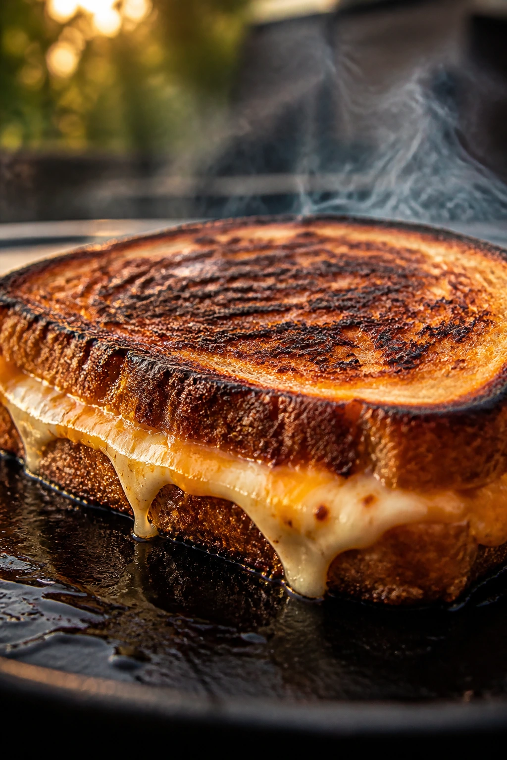 Charred, smoky grilled cheese in backyard setting.