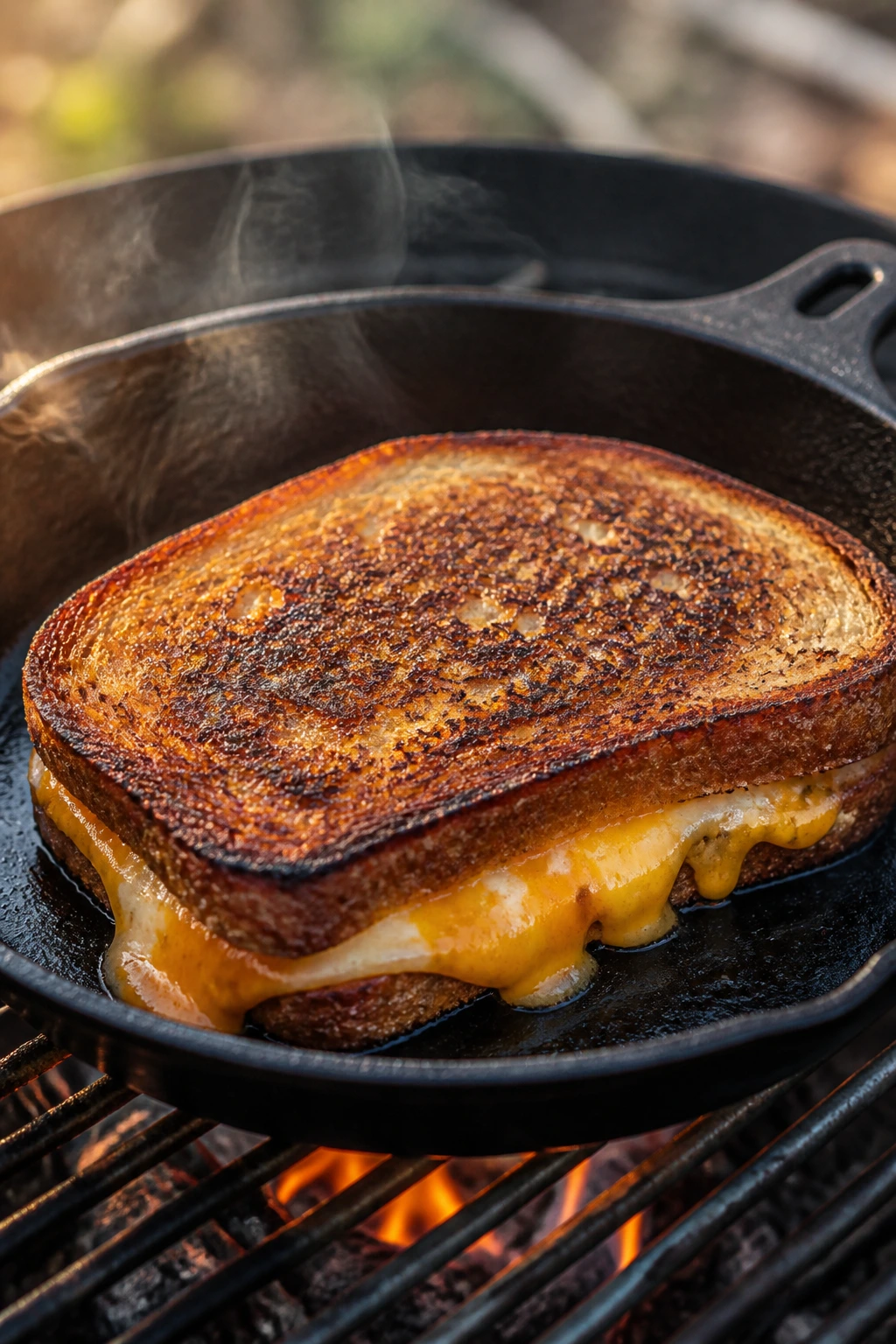 Close-up of charred grilled cheese in cast-iron skillet on backyard grill