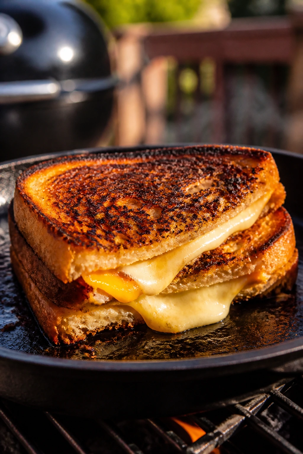 Charred classic grilled cheese on a backyard grill.