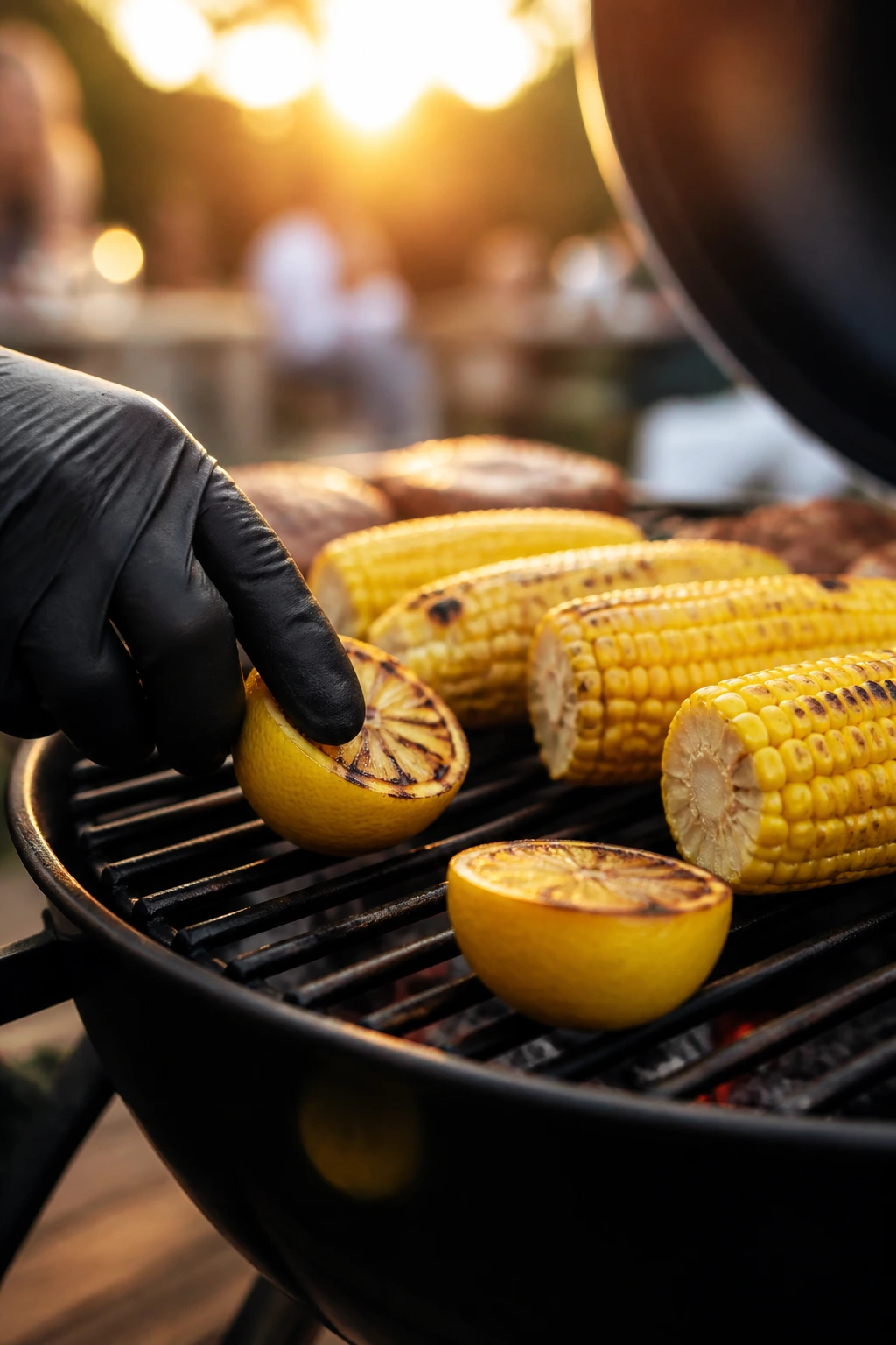 Close-up of corn and lemon being finished on a grill in a backyard