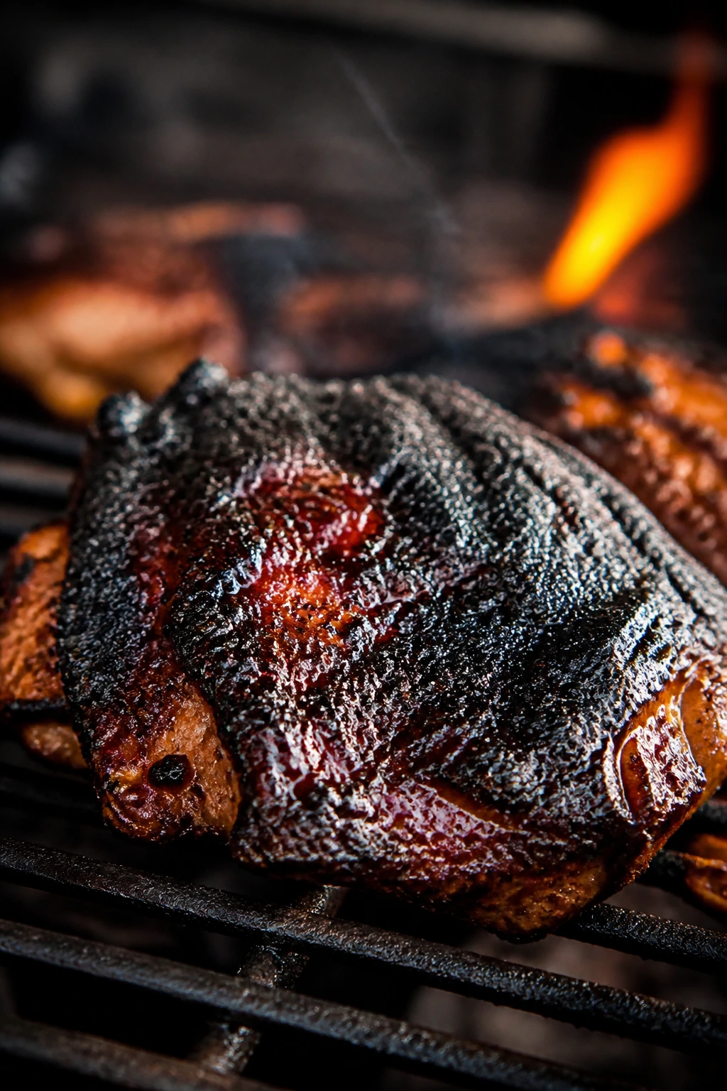 Over-charred marinated meat showing burnt edges
