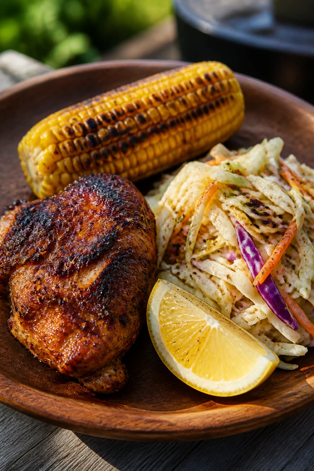 Balanced picnic plate with charred protein, corn, crunch, and lemon