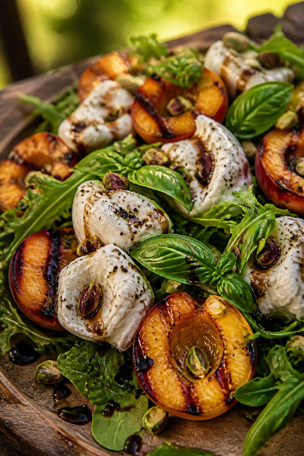 Close-up of Charred Peach Burrata Salad with arugula on a rustic board outdoors