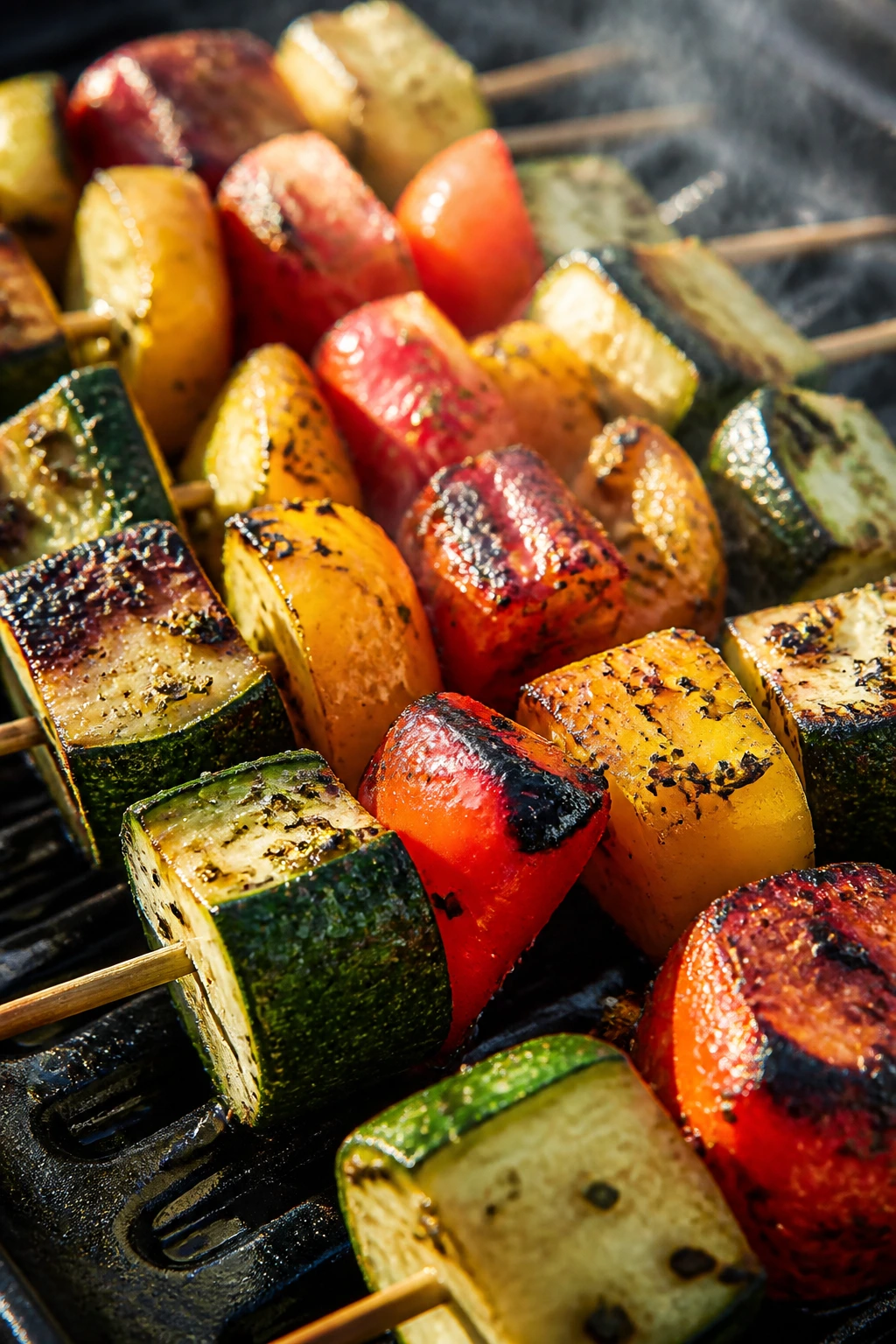 Charred bell pepper and zucchini skewers on a grill pan
