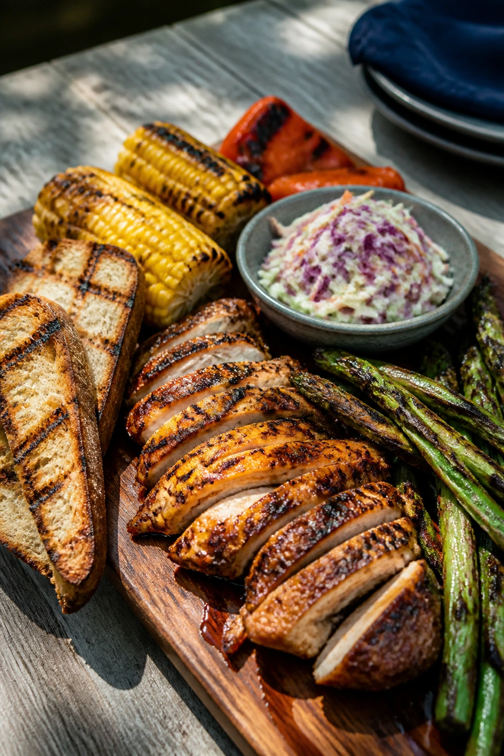 Charred spread on a wooden board with meat and vegetables