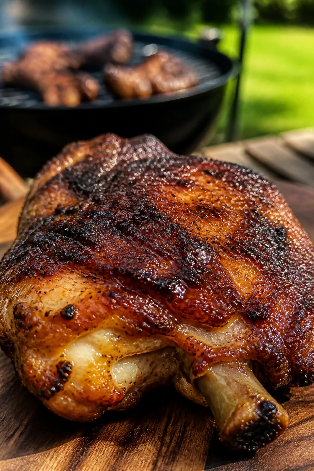 Close-up of a charred chicken thigh with crispy skin on a backyard grill