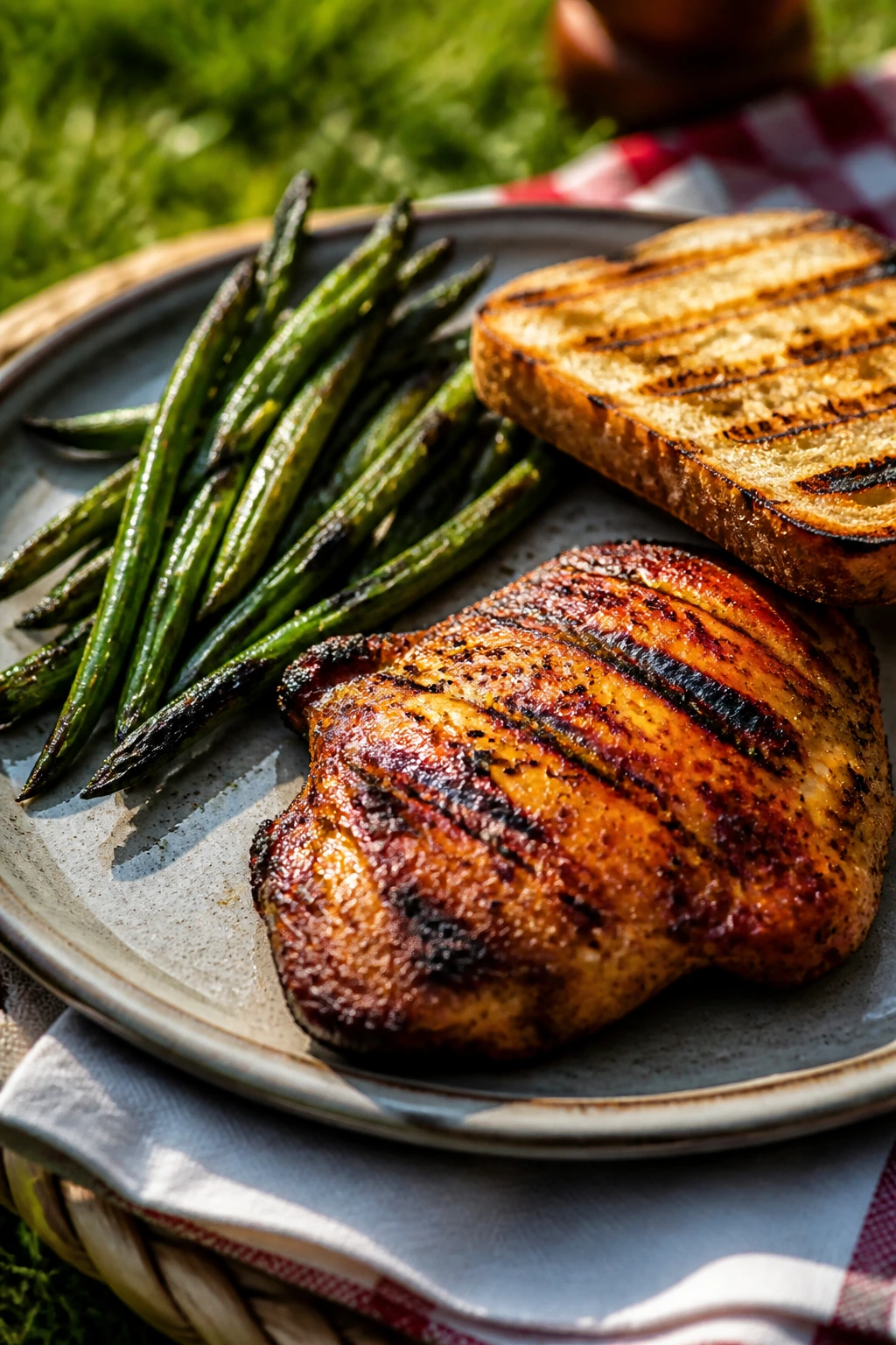 Plate of charred picnic lunch outdoors with protein, veg, and bread