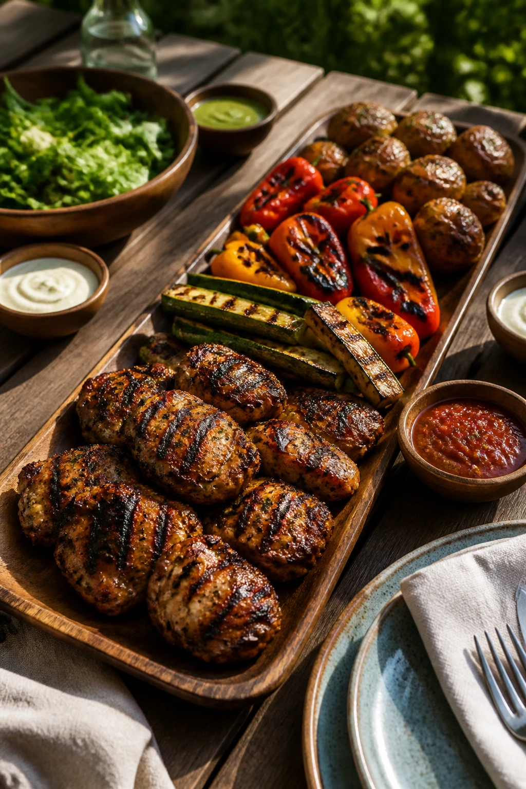 Vibrant charred picnic spread on a rustic outdoor table with chicken and vegetables