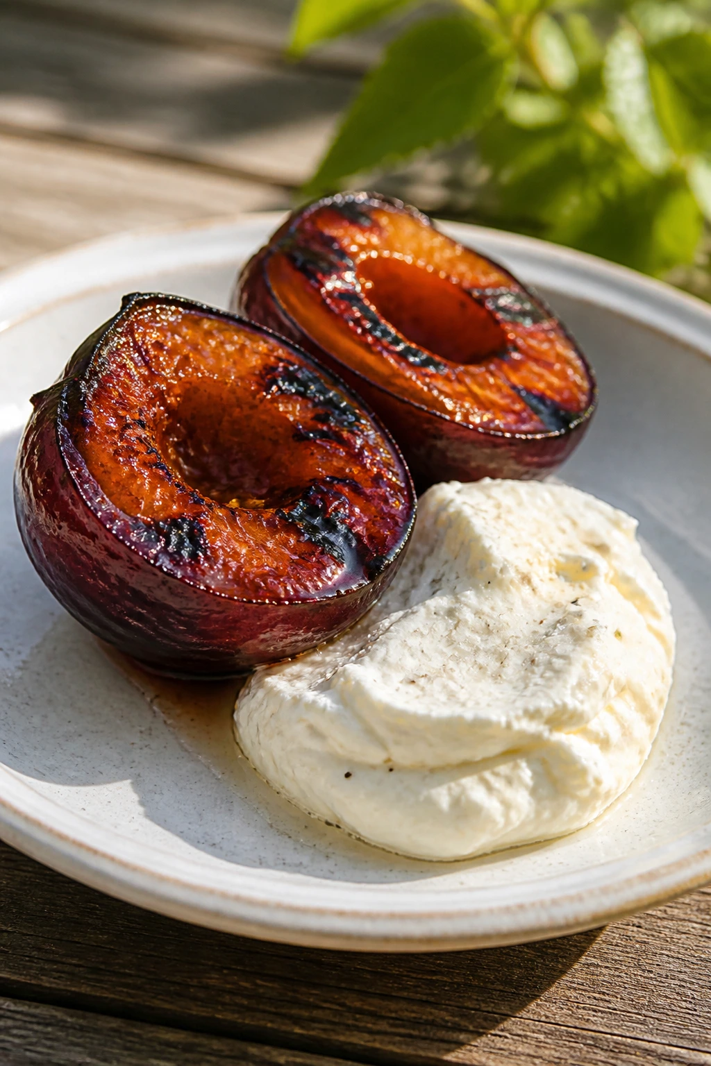 Charred plum halves with mascarpone on a sunny outdoor plate