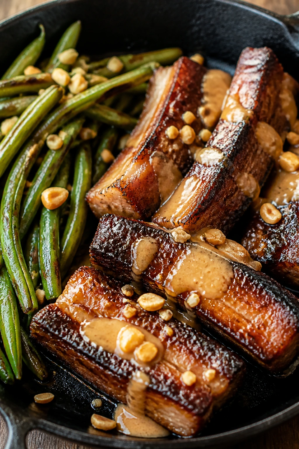 Close-up of charred pork belly with green beans and peanut sauce