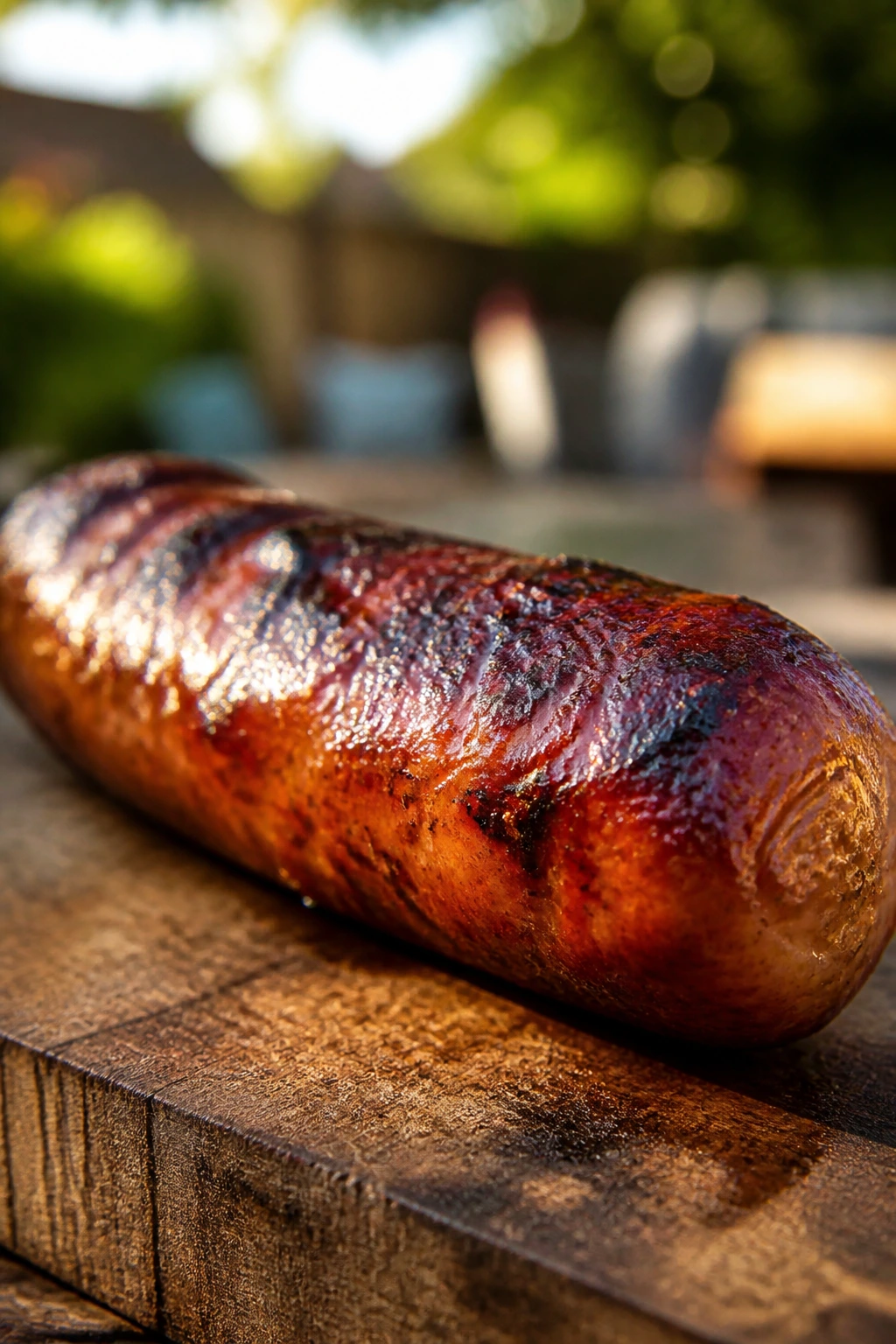 Close-up of a charred sausage on a wooden board in a sunny backyard