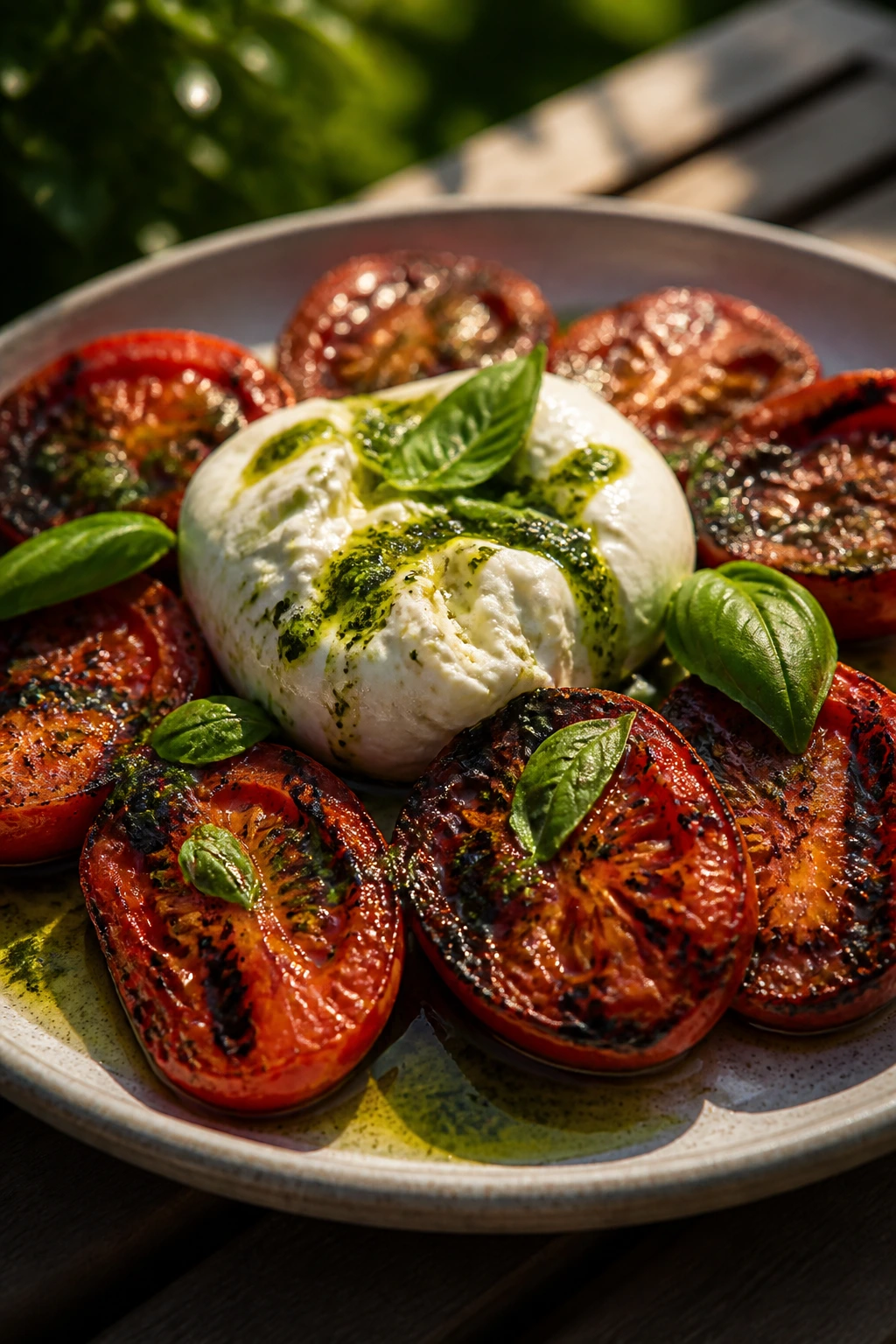 Charred Roma tomatoes with burrata on a plate with basil oil