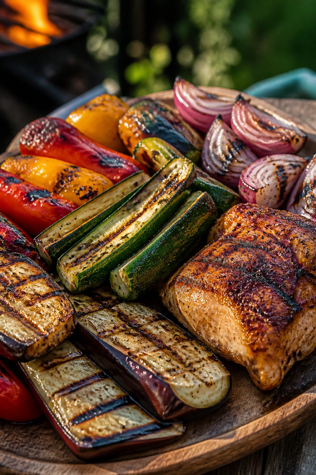 Charred vegetables and chicken thigh arranged on a rustic platter outdoors.