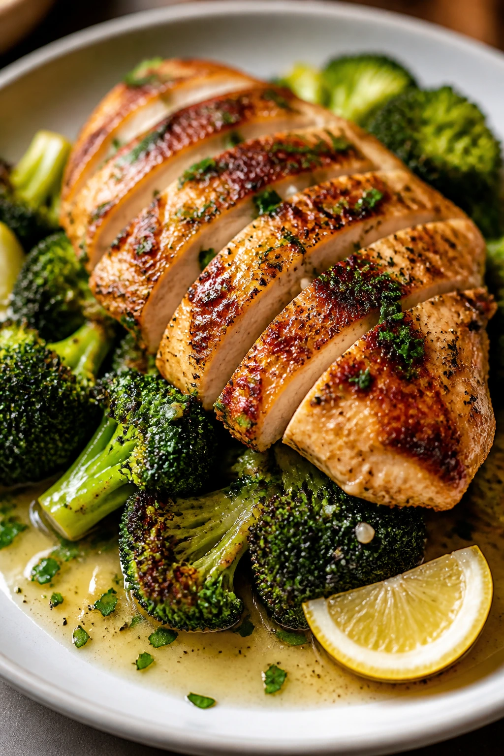 Juicy chicken with charred vegetables and lemon-garlic sauce on a plate