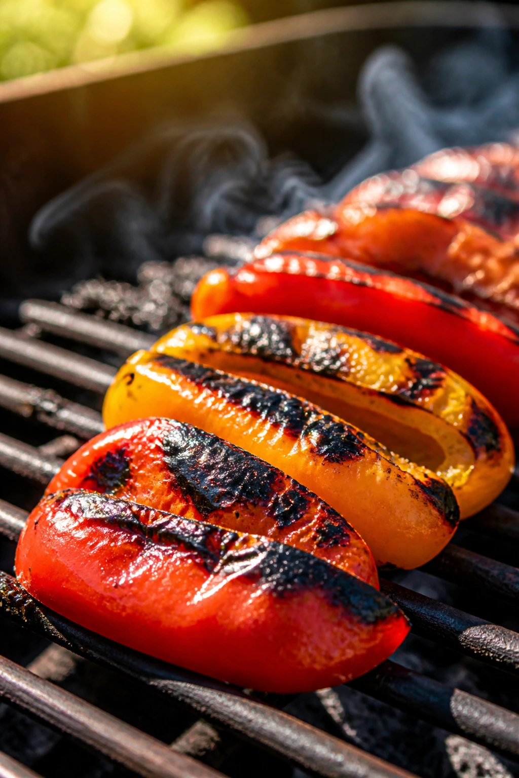 Charred bell peppers on grill with blistered skin