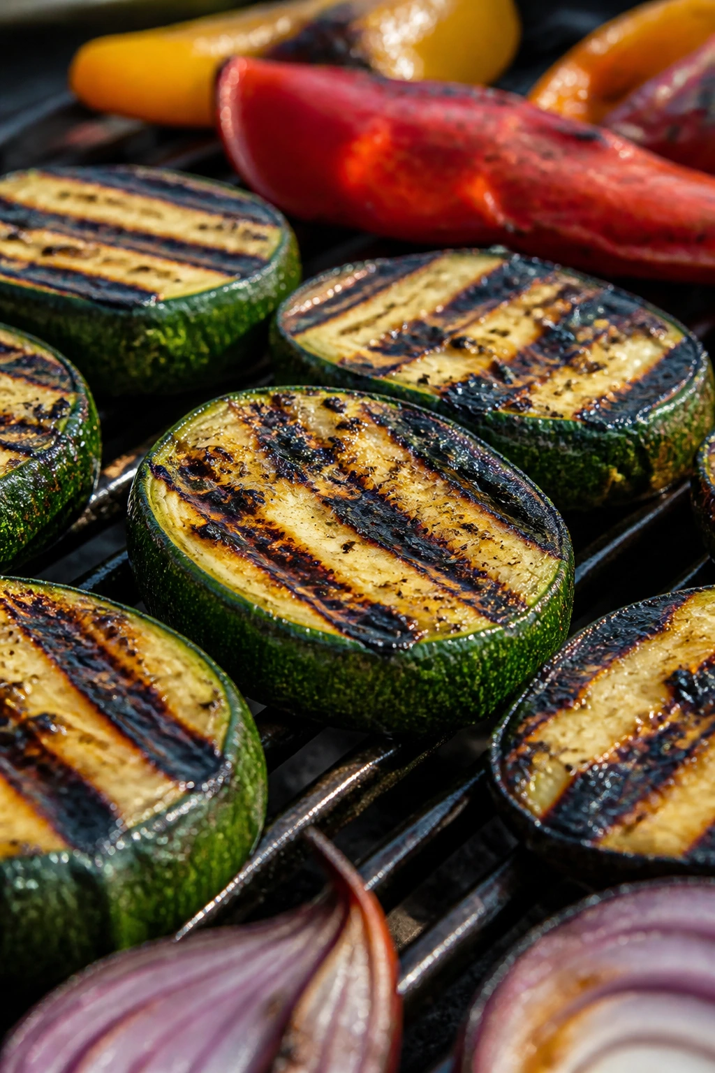 Close-up of char-marked zucchini on a grill with olive oil shine