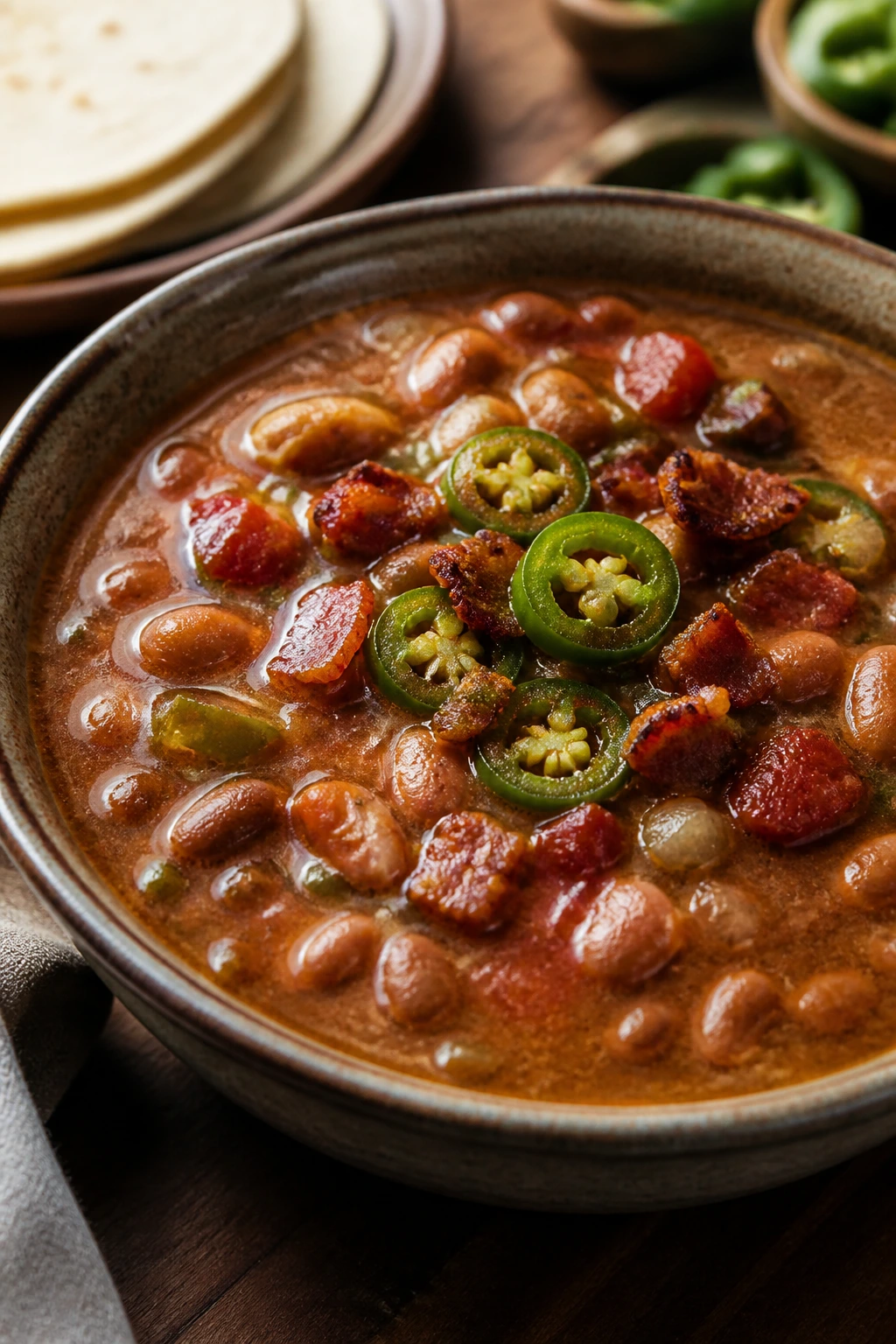 Close-up of Charro Bean Soup with Bacon and Jalapeño in a rustic bowl