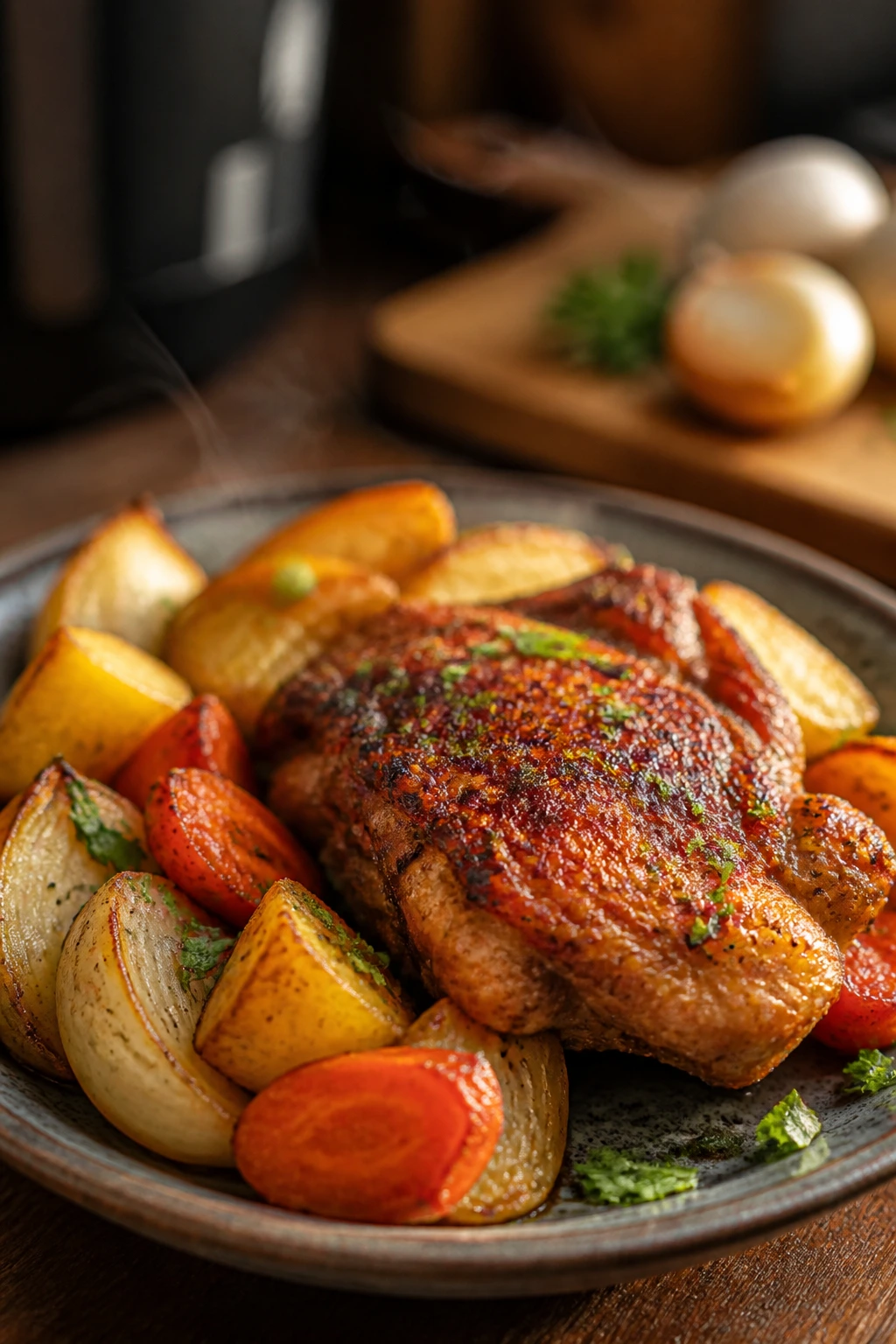 Close-up plated affordable air fryer dinner on a rustic plate with warm kitchen background