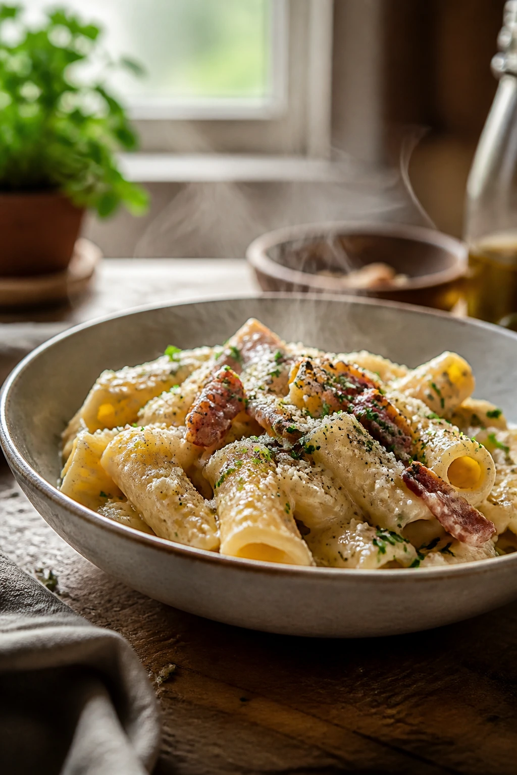 Close-up of a plated affordable pasta dish in a shallow bowl with herb garnish in a warm kitchen.