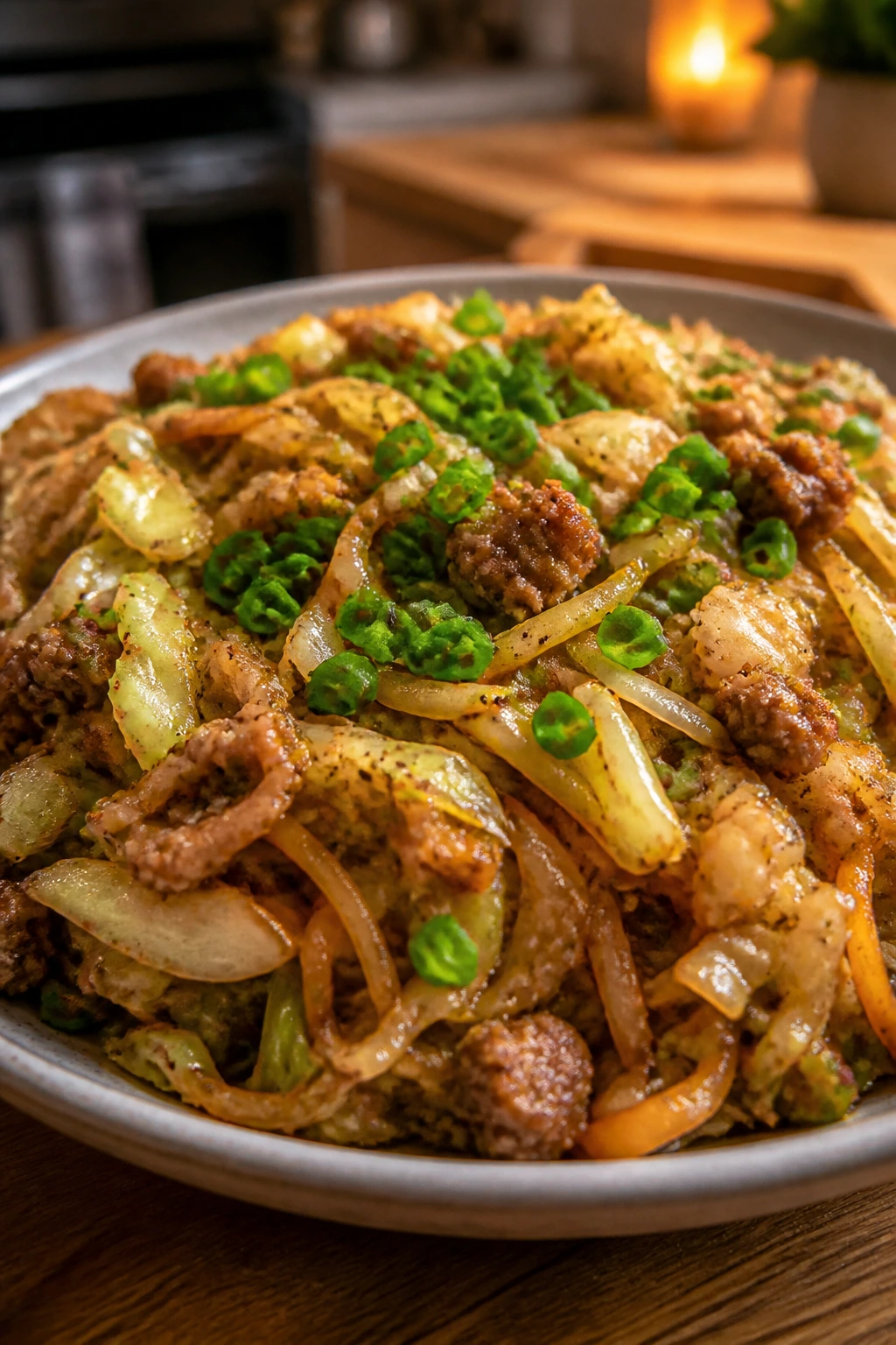 Hearty affordable dinner plated prominently in a cozy kitchen