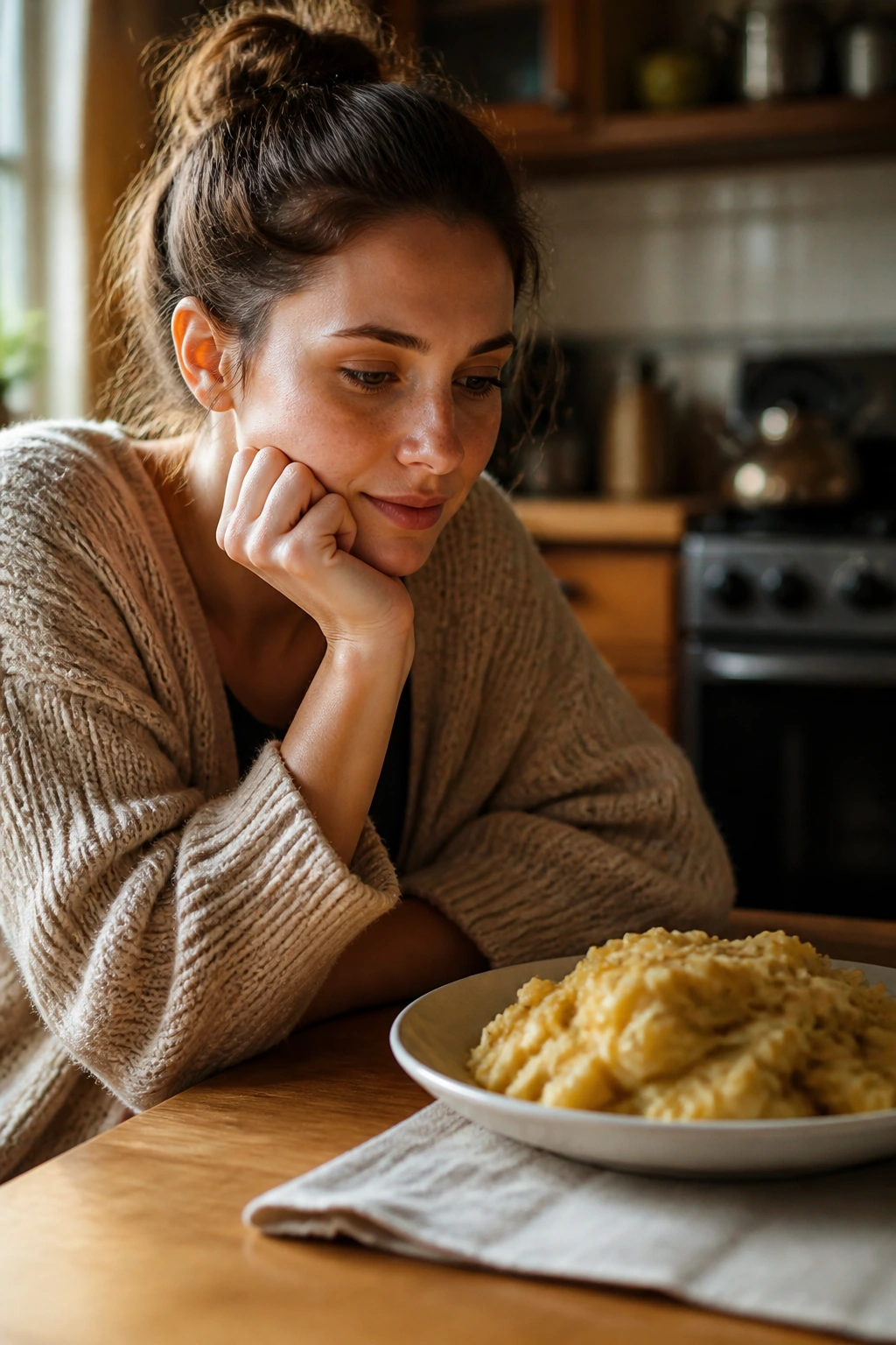 Thoughtful person in a kitchen considering cheap comfort dinners.