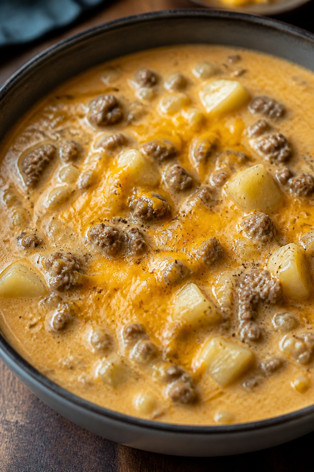 Creamy cheeseburger soup with beef potatoes cheddar in a bowl