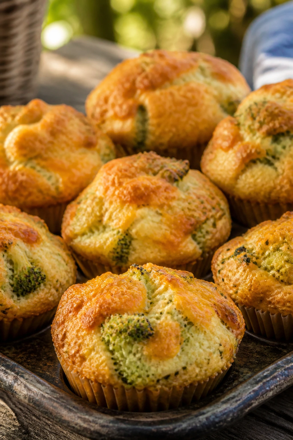 Golden cheddar broccoli muffins filling the frame on a wooden table outdoors.