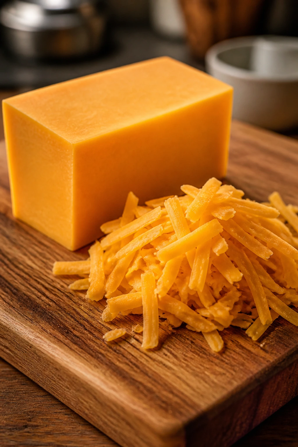 Block cheddar cheese on a cutting board with shredded cheese nearby