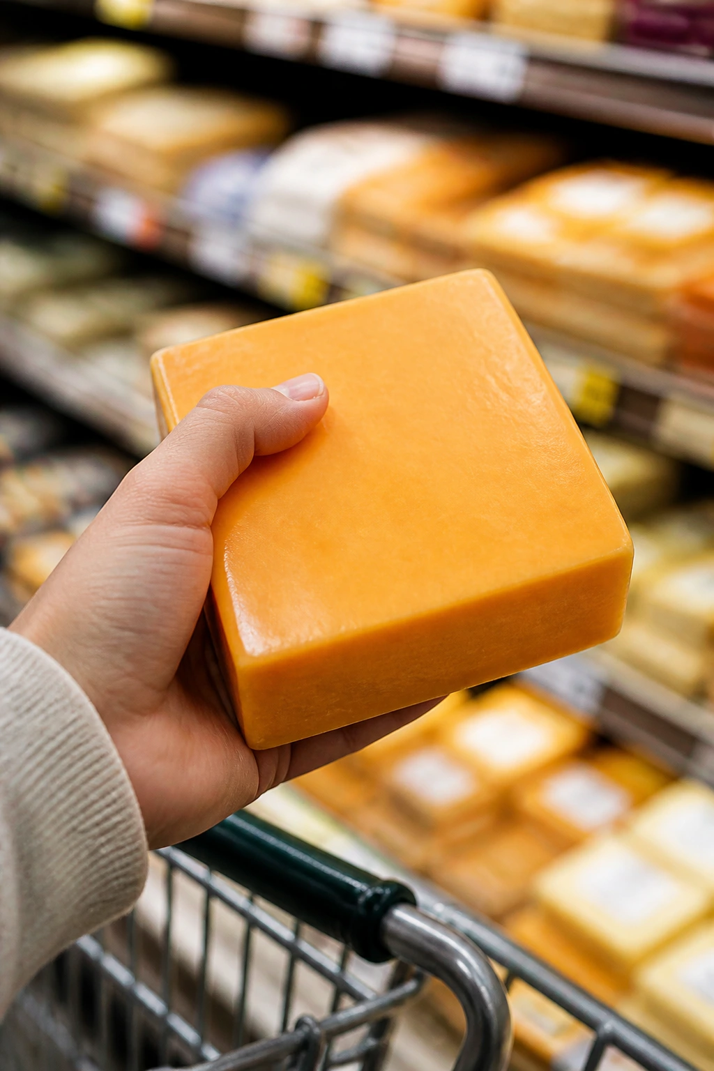 Hand selecting cheddar cheese in a grocery store