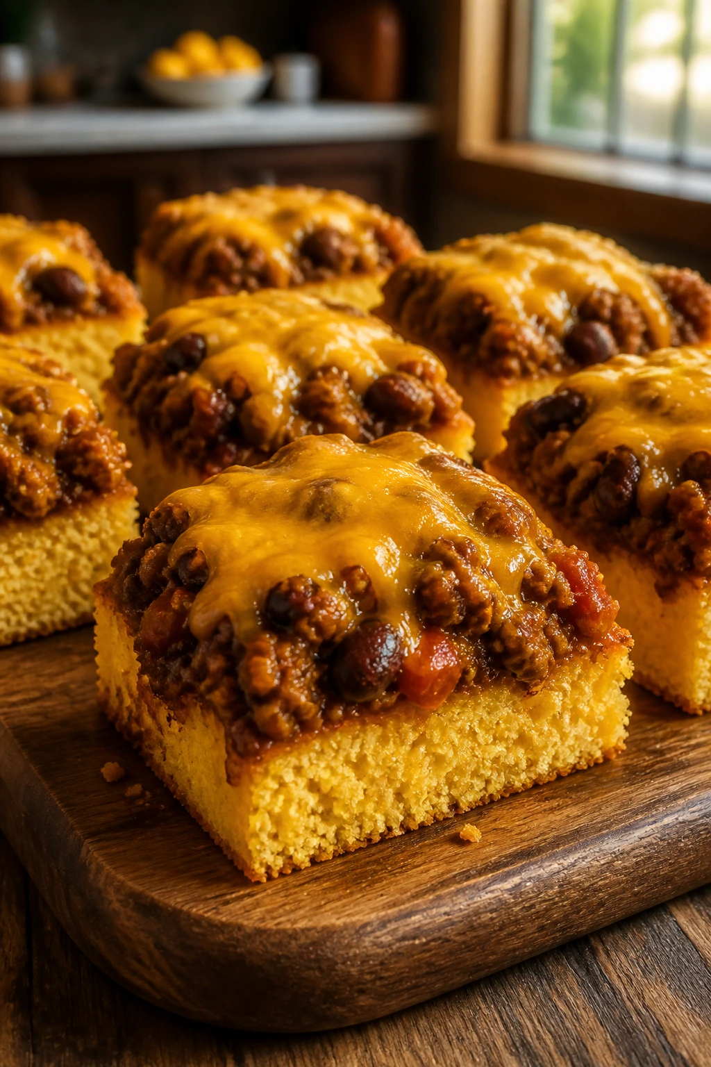 Close-up of cheddar-topped cornbread squares with turkey chili on a wooden board