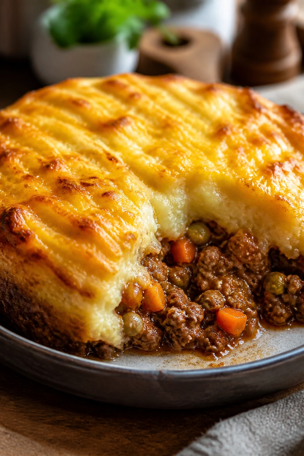 Close-up of cottage pie with cheddar crown topping