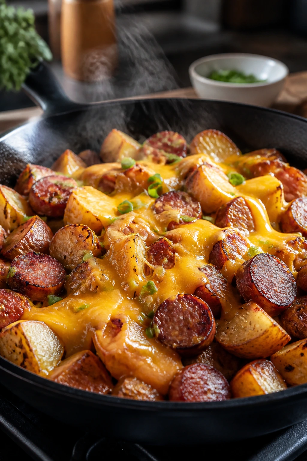 Skillet with melted cheddar topping the potatoes and sausage