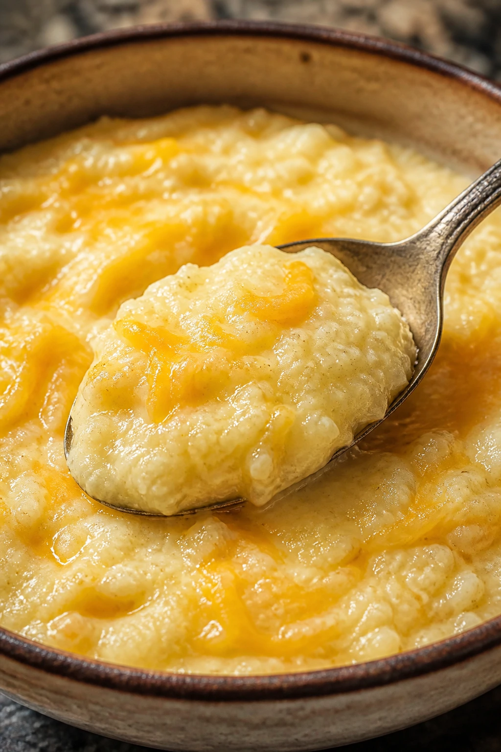 Creamy cheddar grits in a rustic bowl
