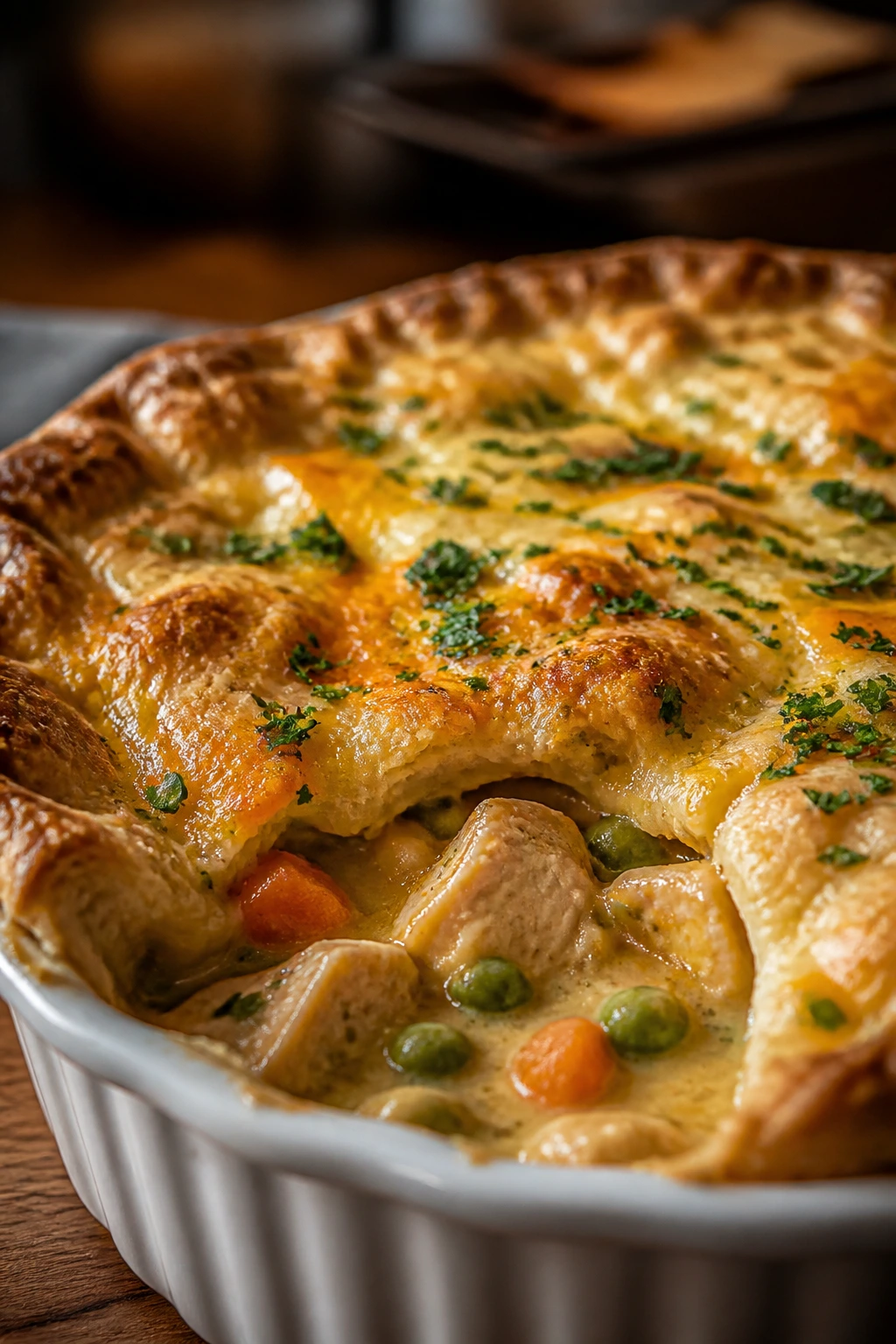 Close-up of Cheddar Herb Chicken Pot Pie with browned crust