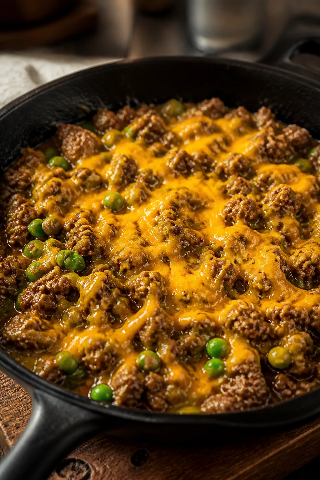 Skillet with cheddar melt variation over beef and peas