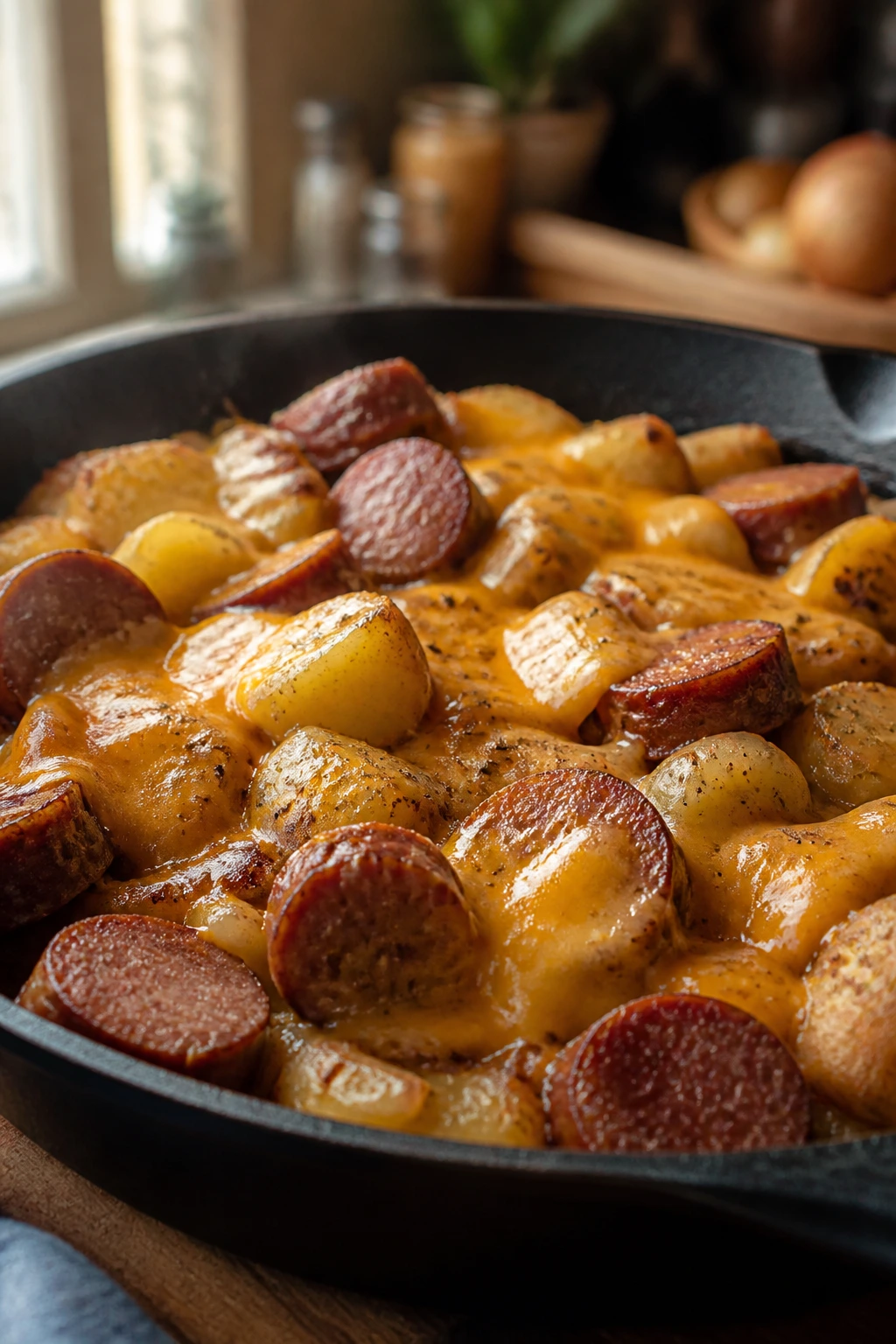 Medium close-up of a skillet with sausage, potatoes, and melted cheddar